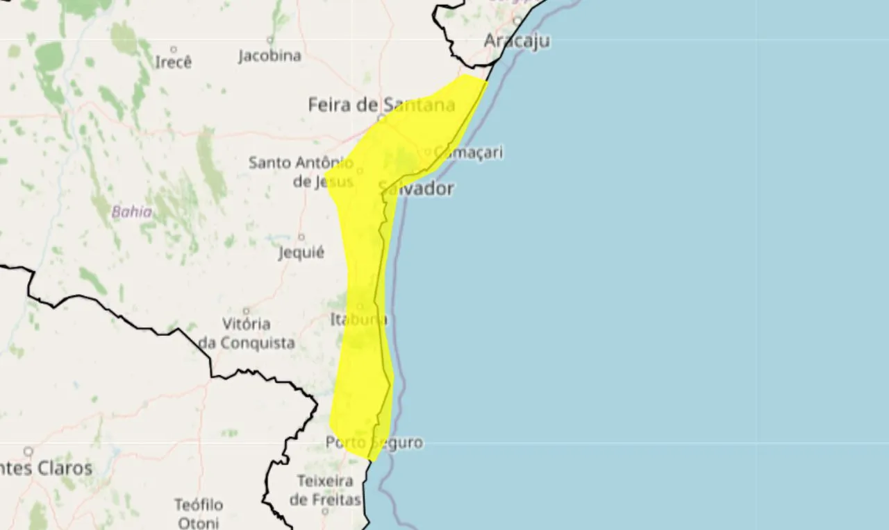 O mapa mostra as &aacute;reas em alerta para chuva intensa e  ventos fortes